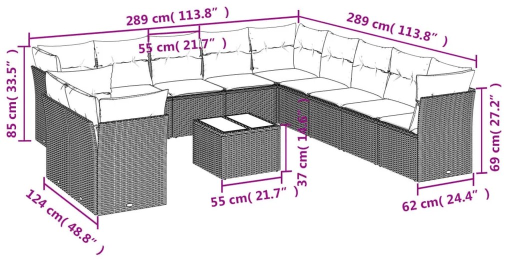 12 részes fekete polyrattan kerti ülőgarnitúra párnákkal