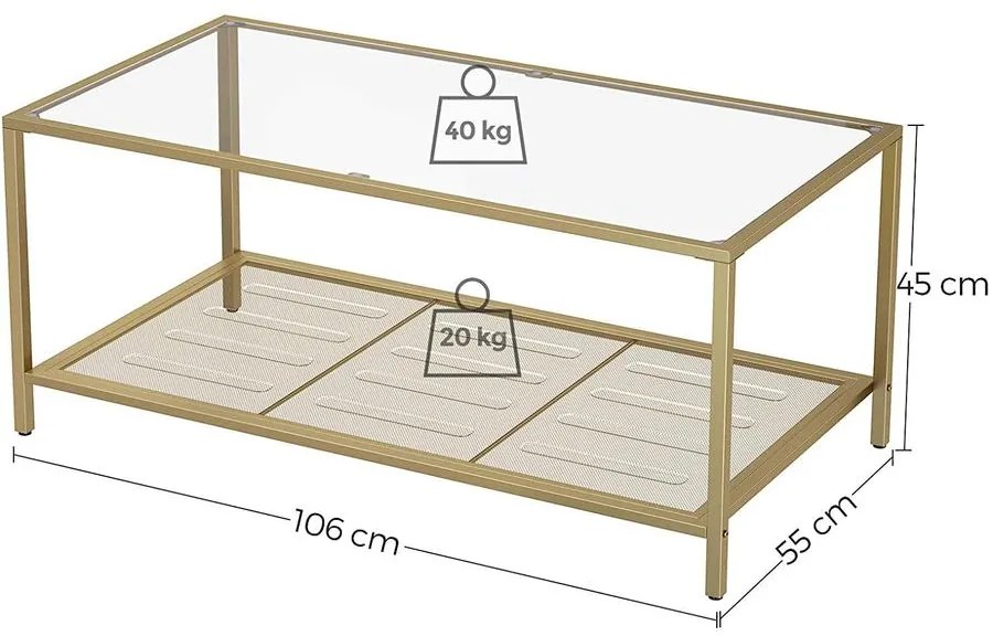 Dohányzóasztal edzett üveglappal és hálós polccal, 106 x 45 x 55 cm, arany színben