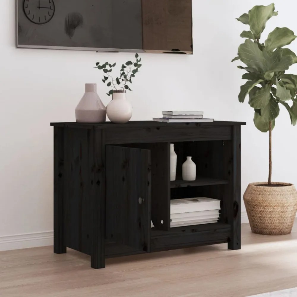 fekete tömör fenyőfa TV-szekrény 70 x 36,5 x 52 cm