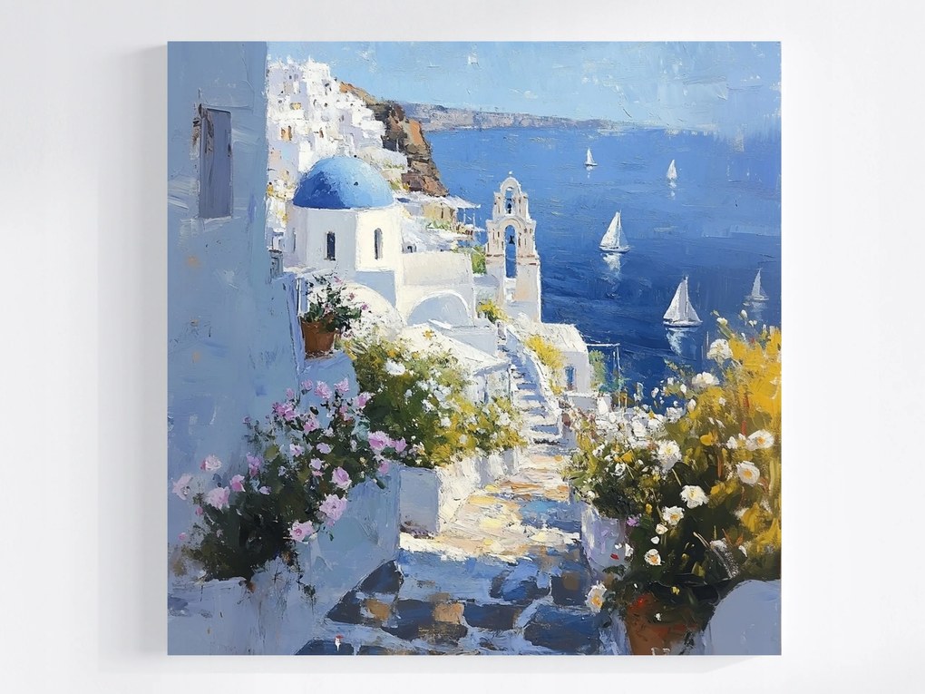 Vászonkép Canvas Tájkép Görögország Santorini Tenger Kilátás Lépcső 80x80