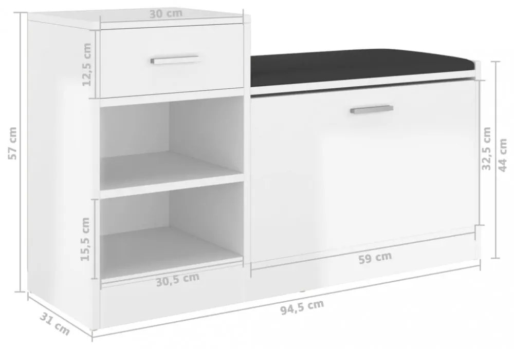 magasfényű fehér szerelt fa cipőtároló pad 94,5 x 31 x 57 cm