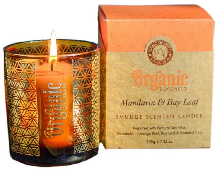 Organikus füstölő gyertya Mandarin &amp; Bay Leaf200 g üvegben, aranyfóliával