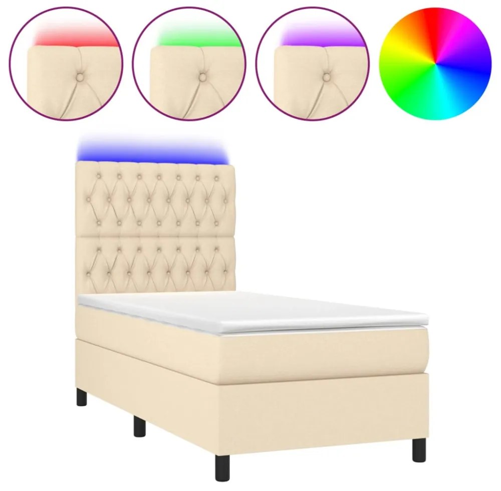 krémszínű szövet rugós és LED-es ágy matraccal 90x190 cm
