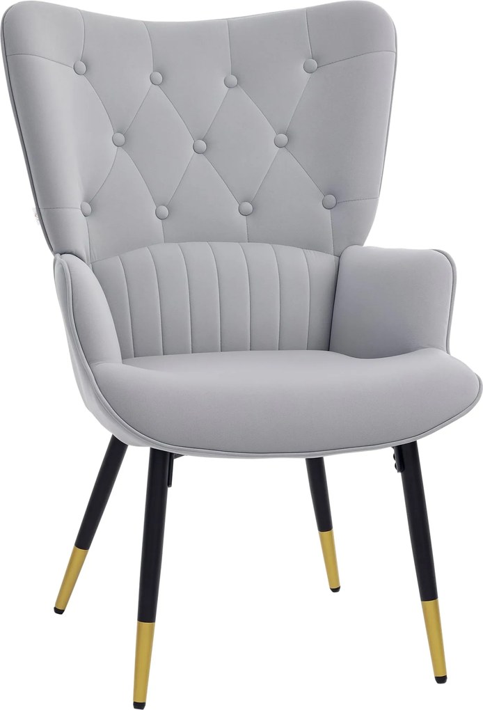 HOMCOM Egyszemélyes Fotel Hálószobába és Nappaliba, Bársonyos Kárpitozású, Magas Hátú Karfával, Acél Lábbal, Modern Stílus, 68x72x103 cm, Szürke | Aos