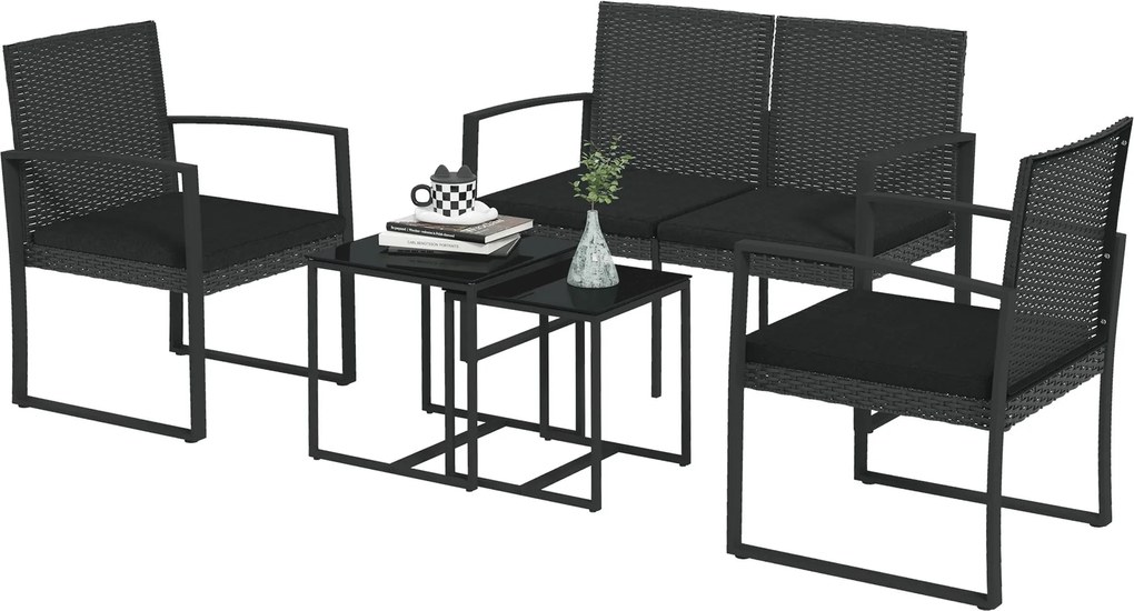 Outsunny Műrattan Kerti Bútor Készlet 5 Darabos Kültéri Kanapé Szett 2 Egyszemélyes Kanapéval, 1 Kétszemélyes Kanapéval és 2 Kávézóasztallal Teraszra