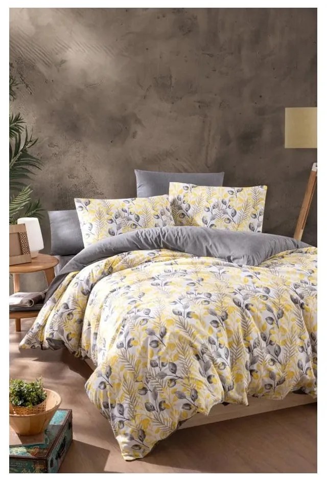 Sárga-szürke kétszemélyes hosszabbított ágyneműhuzat lepedővel, négyrészes 200x220 cm Leaves – Mila Home