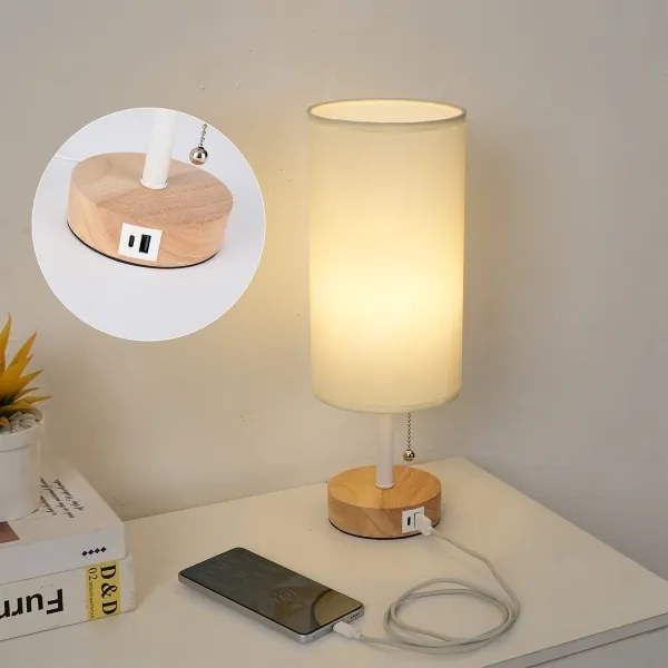 Brilagi - Asztali lámpa USB-porttal TABLON 1xE27/25W/230V tölgy/fehér/krém
