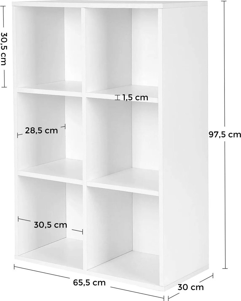 3 szintes könyvespolc, tárolópolc 6 rekesszel, fehér