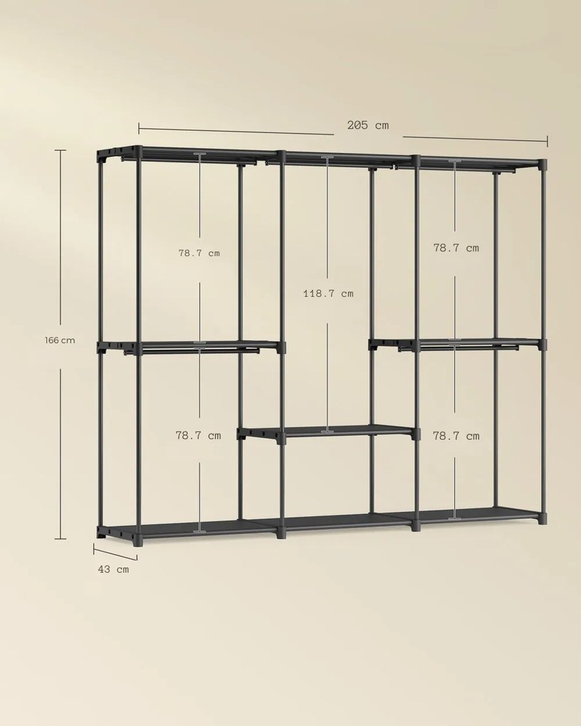 DRESSIO nyitott ruhásszekrény polcokkal, 205x43x166 cm, fekete SongmicsHome