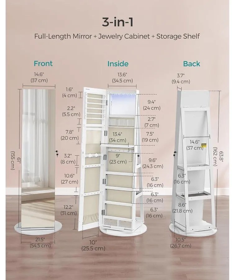SONGMICS ékszerszekrény, tükrös szekrény 360°-ban forgatható, fehér felülettel és greige