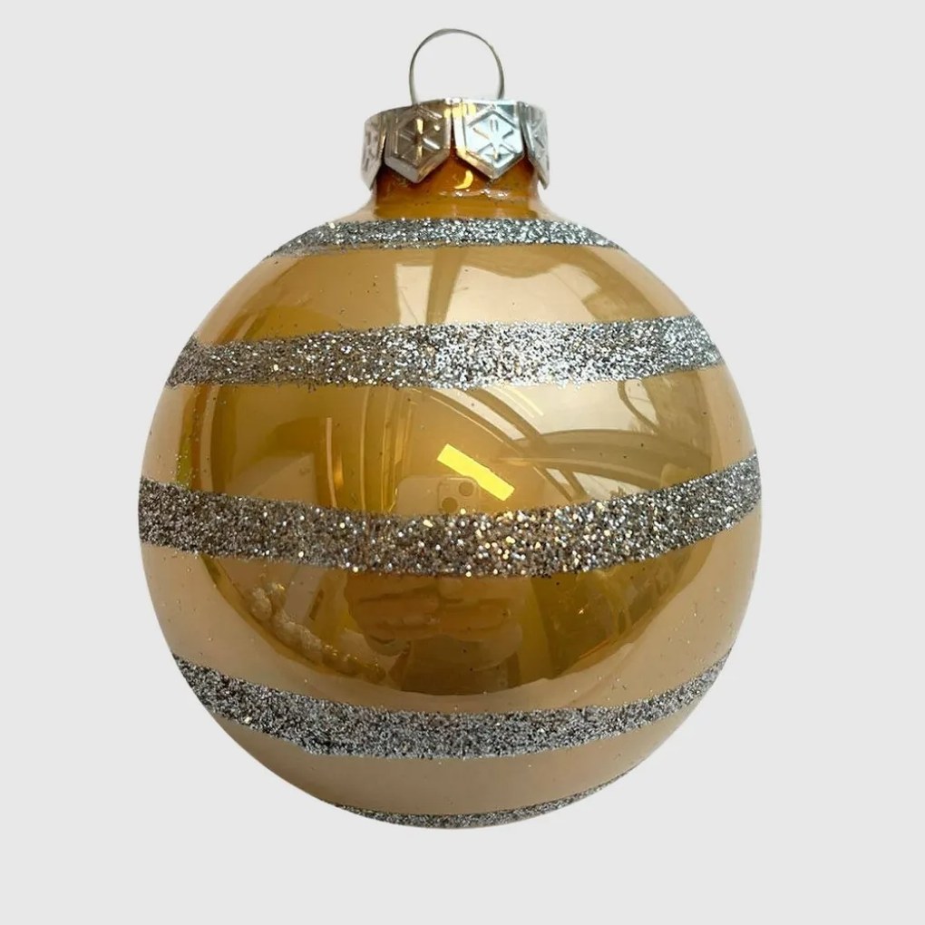 Silver glitter stripe pezsgőszínű kézzel festett üveg karácsonyi gömb szett 6*7cm