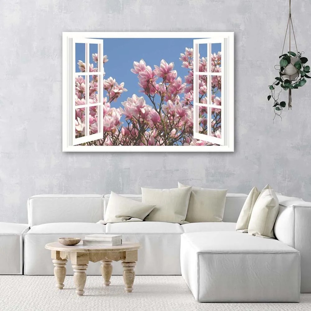 Gario Vászonkép Virágzó magnólia az ablak elott Méret: 100 x 70 cm