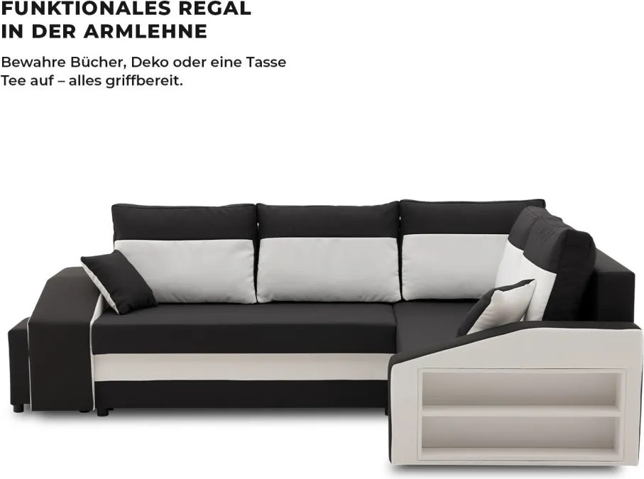 Grande sarokkanapé polcokkal és puffokkal , polc a jobb karfaban puffok a bal karfaban, jobboldali, szövet anyag, bonell töltet, fekete - fehér