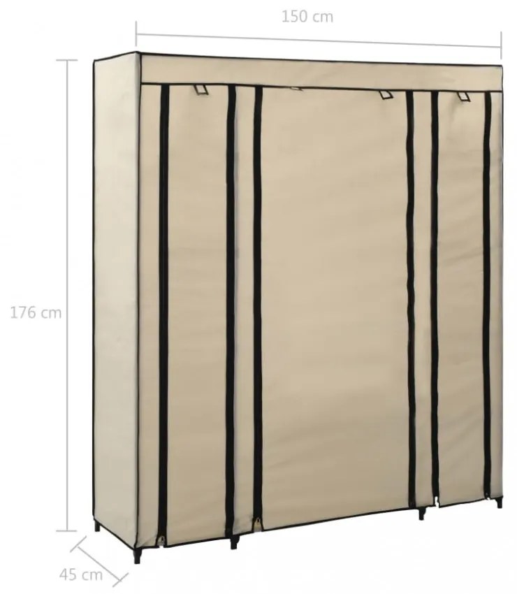 krémszínű szövet ruhásszekrény tárolórekeszekkel 150x45x176 cm