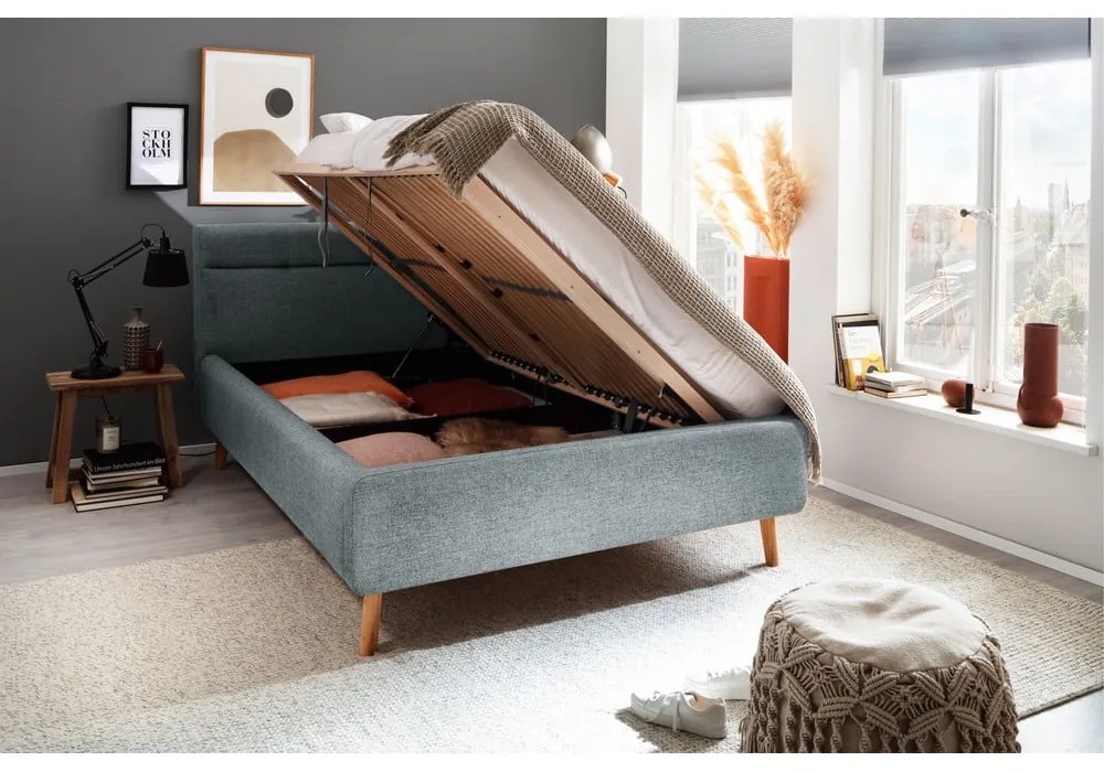 Szürkéskék kárpitozott ágyneműtartós franciaágy ágyráccsal 140x200 cm Lotte – Meise Möbel