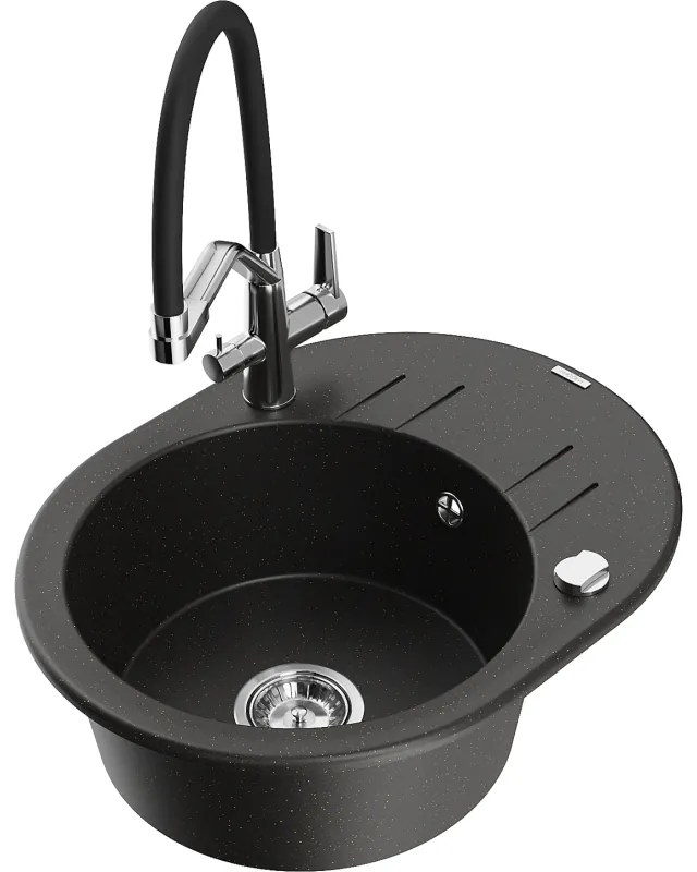 Mexen Kevin gránit mosogató 1-medencés konyhai csappal Duo, fekete/aranymetál - 6517-75-671701-07