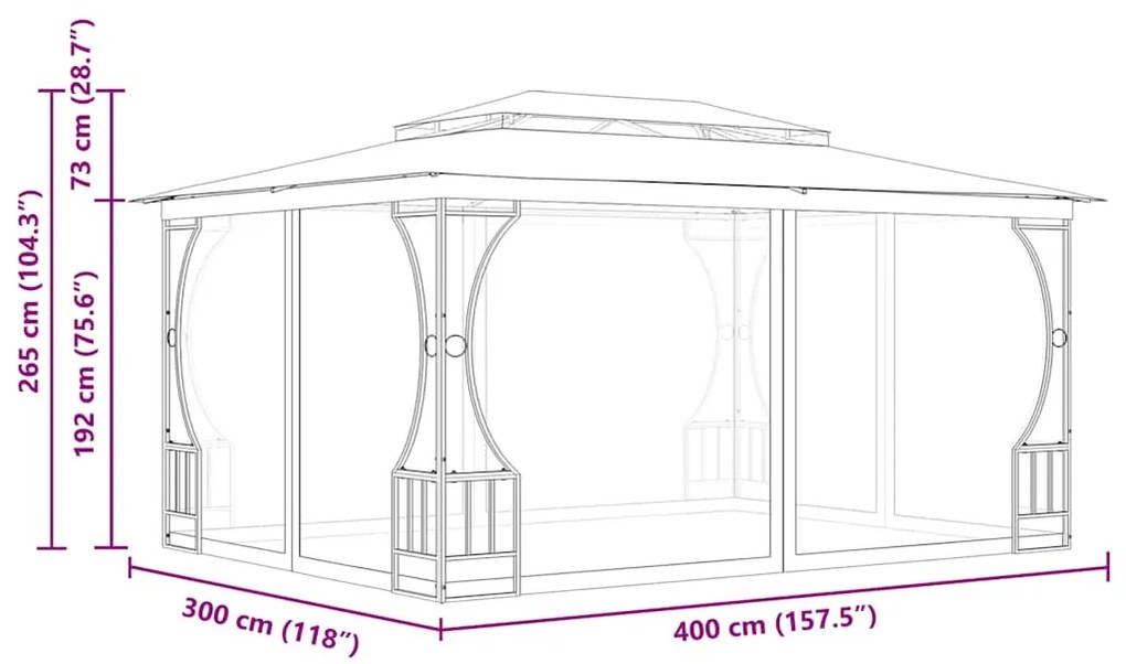 antracitszürke pavilon hálóval 300 x 400 x 265 cm