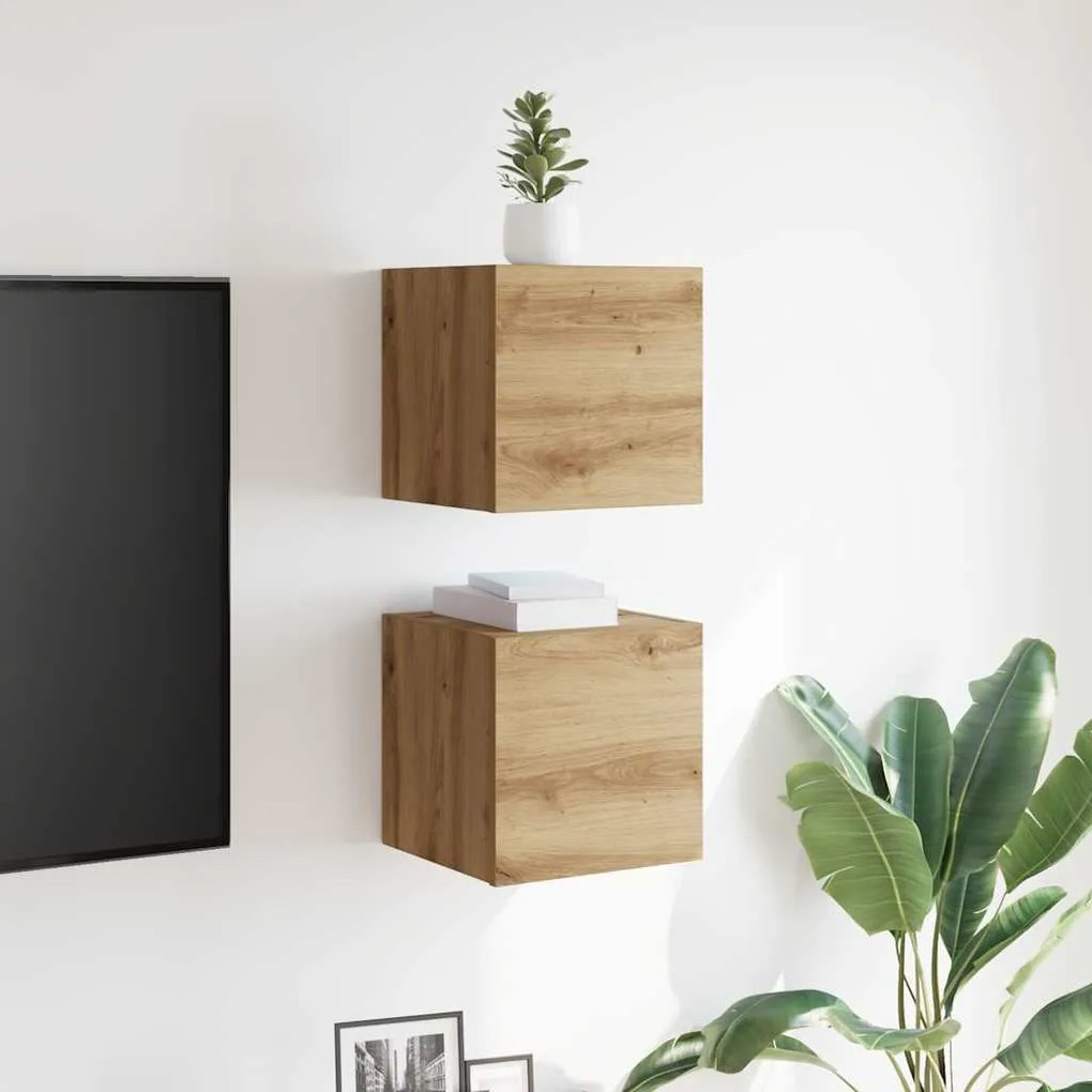 2 db kézműves tölgy falra szerelhető TV-szekrény 30,5x30x30 cm