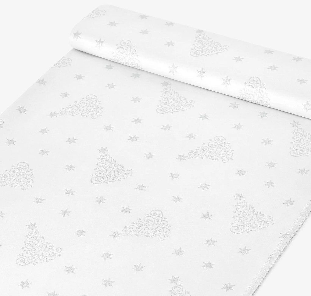 Goldea karácsonyi teflon szövet terítőknek - ezüstszínű karácsonyfák és csillagok 160 cm