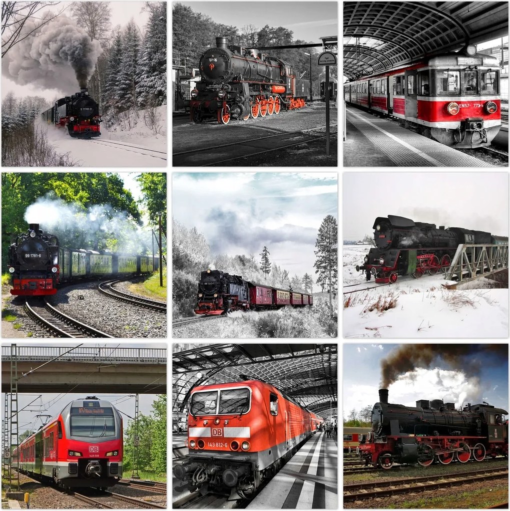 Vászonkép szett 9x 60x60 Mix Mozdonyok Vonatok