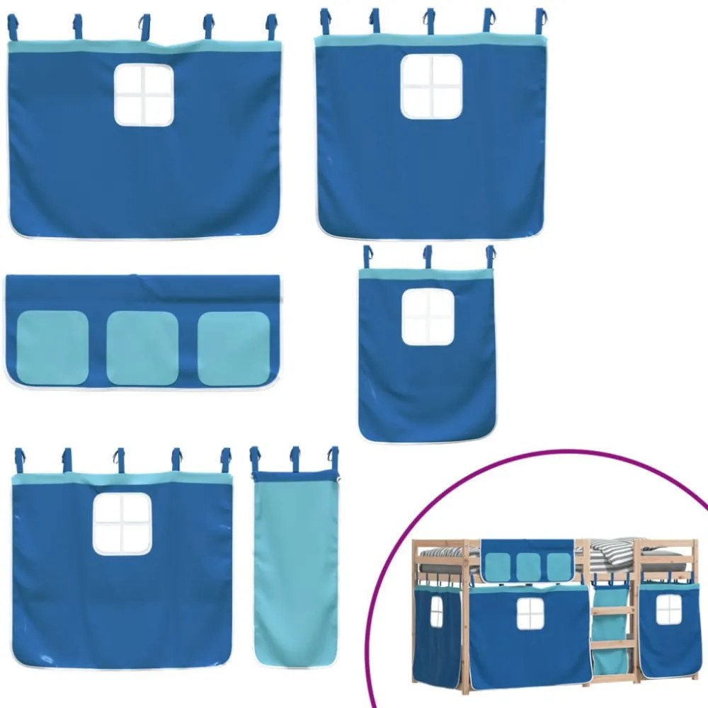 kék tömör fenyőfa emeletes ágy függönyökkel 90 x 190 cm