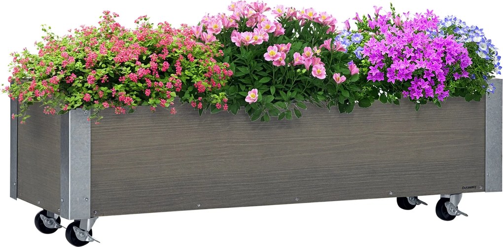 Outsunny Nagy Kültéri Virágláda Kerekekkel, Fából Készült, Nem Woven Anyagú Virágláda Öntözőrendszerrel, Virágok és Növények Növesztéséhez Erkélyen és