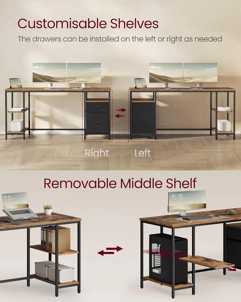 Számítógépasztal, Munkaasztal Tárolóval, 3 Polc, 2 Fiók, 60 x 160 x 76 cm, rusztikus barna
