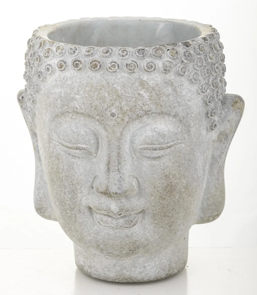 Cyrus design kerek buddha arcot ábrázoló szürke cement virágtartó váza 13,5x12x11cm
