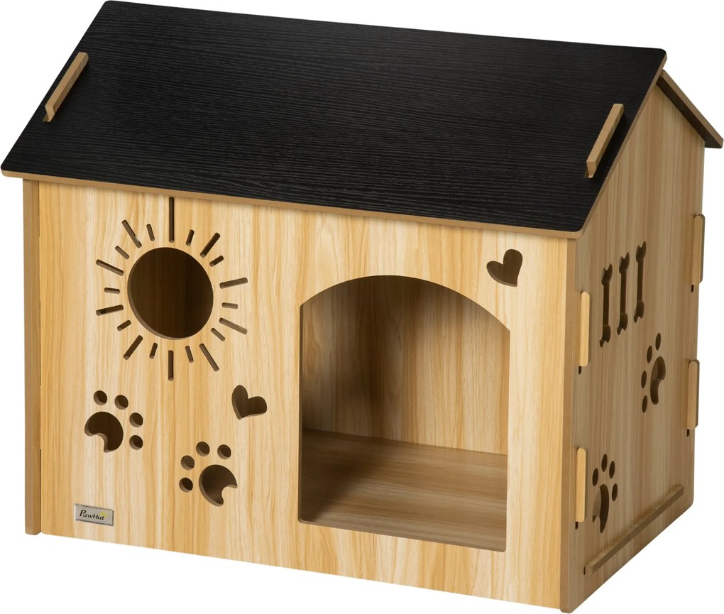 PawHut Fa Kutya Ház Kisebb Állatoknak Szellőzőnyílásokkal Kutya Kennel Tetővel Kutya Barlang Belső MDF Tölgy+Fekete 69 x 50 x 58,5 cm | Aosom