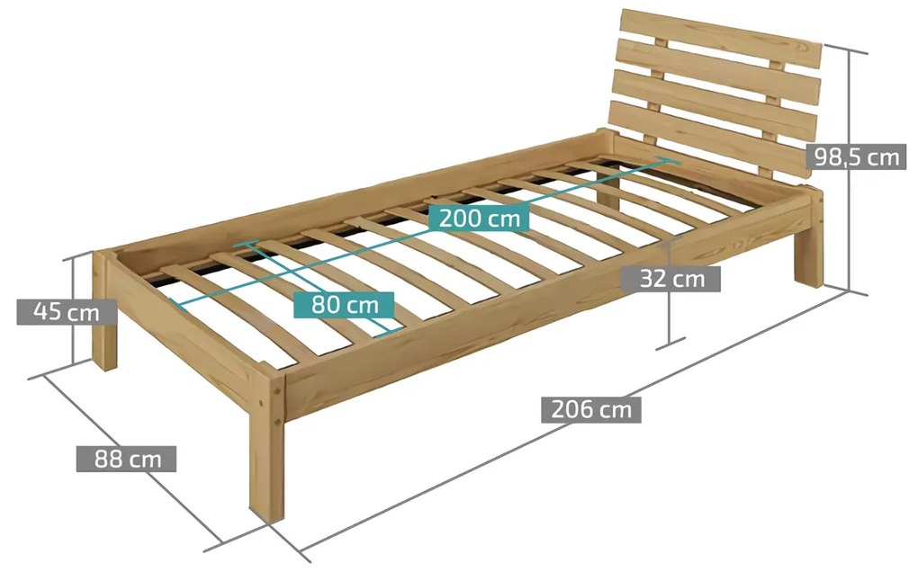 PARIS magasított ágy 80x200 cm, fenyőfa Ágyrács: Lamellás ágyrács, Matrac: Coco Maxi 20 cm matrac