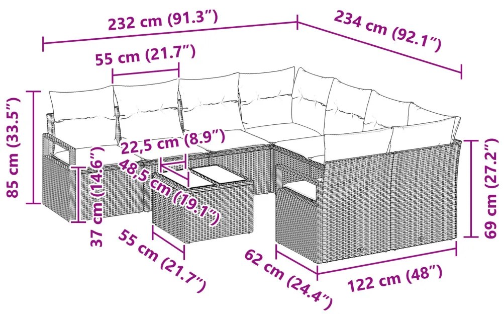 9 darabos Kerti Kanapészett Párnákkal Bézs Poly Rattan