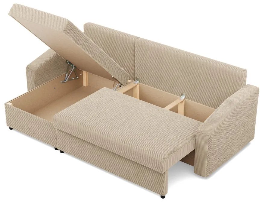 Zeus sarokkanapé, 2 ágyneműtartóval, döntött kartámasz, kordbársony, univerzális oldal, hab töltet, bézs