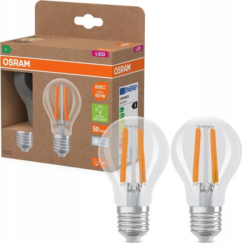 2x Led izzó E27 3,8W 60W 806lm 4000K Filament 213lm/W A osztály Osram
