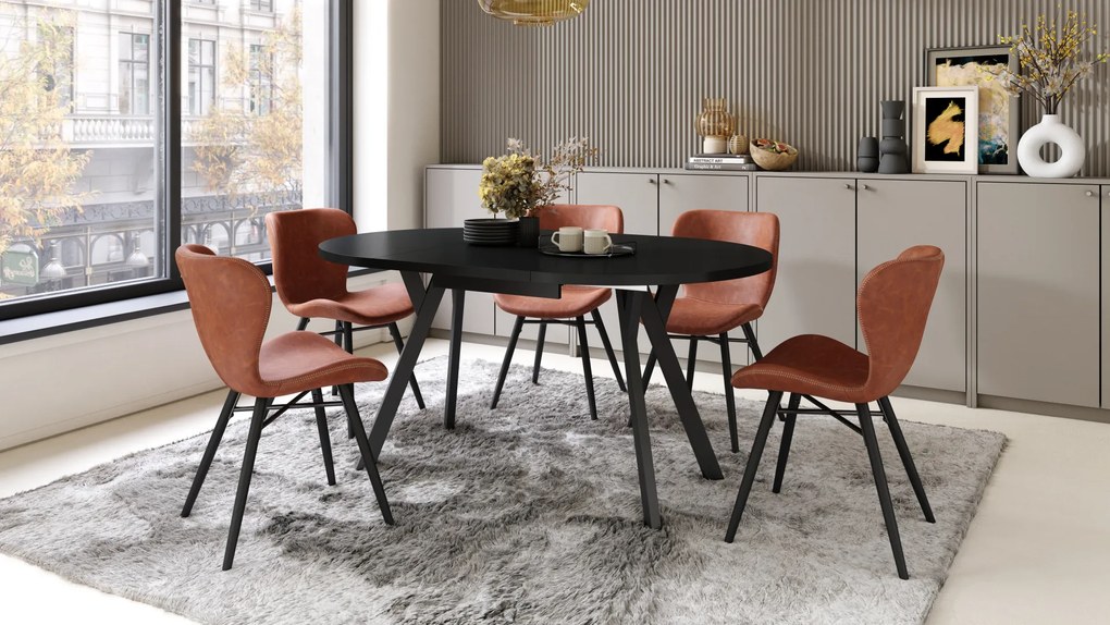 Mazzoni ALMO Fekete/fekete lábak - BŐVÍTHETŐ KEREK ASZTAL Y ALAKÚ LÁBAKKAL LOFT/IPARI STÍLUSÚ NAPPALIBA/ÉTKEZŐBE