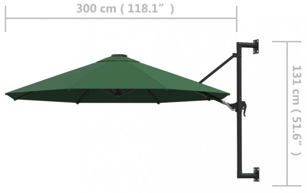 zöld falra szerelhető napernyő fémrúddal 300 cm