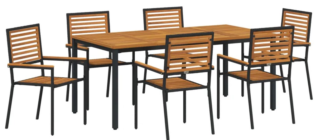 7 részes kerti étkező garnitúra Fekete Poli Rattan Akác, Egymásra rakható kerti székek párnákkal 2 db Fekete Poli Rattan, Kerti asztal 180x90x75 cm Szilárd Akácfa és Fém