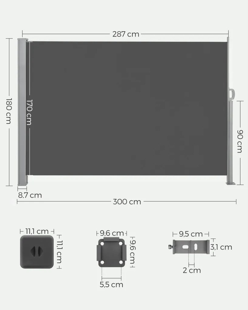Oldalsó terasznapellenző, belátásgátló, szürke, 220 g/m² 180 x 300 cm