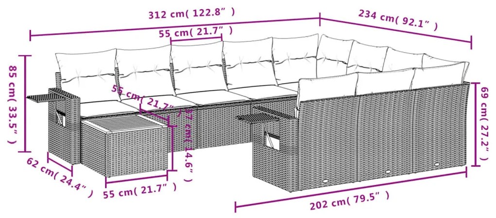 11részes vegyes bézs polyrattan kerti ülőgarnitúra párnákkal