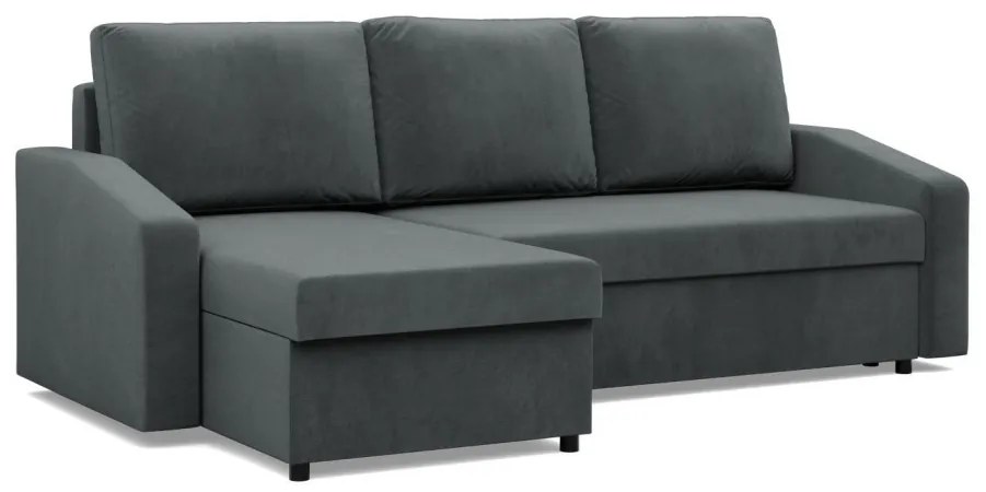 Zeus sarokkanapé, 2 ágyneműtartóval, döntött kartámasz, bársony, univerzális oldal, bonell töltet, szürke