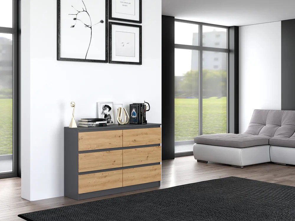 Riano MIX M6 120 2x3, fiókos szekrény, 120x75x30 cm, antracit-tölgy