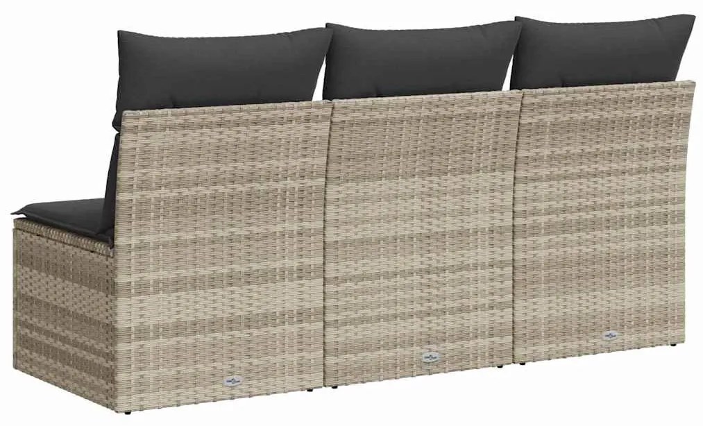 3 személyes világosszürke polyrattan kerti kanapé párnával