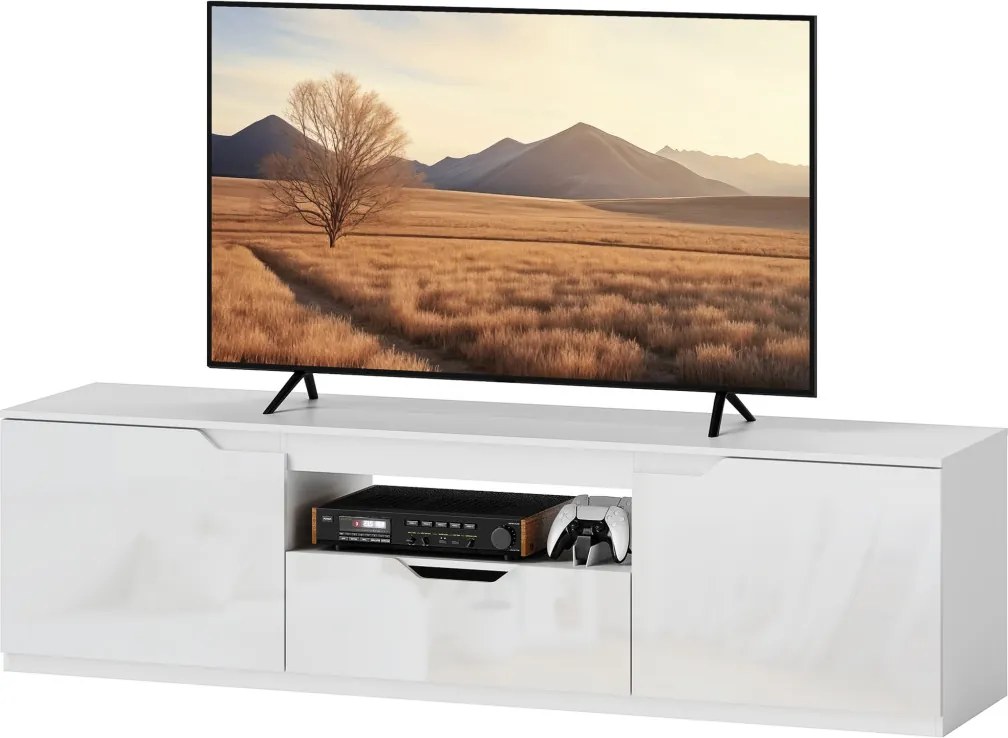 HOMCOM TV-szekrény, magasfényű, akár 65"-os tévékhez, 3 rekesszel, fiókkal, fehér