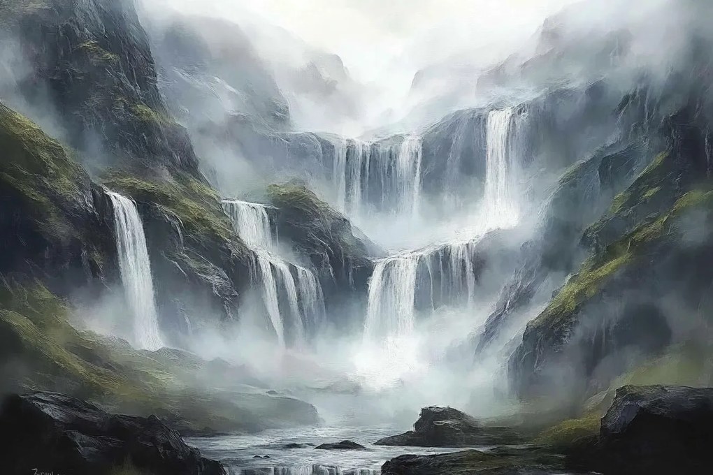 Fotótapéta Flizelina Tájkép Kilátás Hegyek Sziklák Vízesések Köd 104x70,5 ragasztó