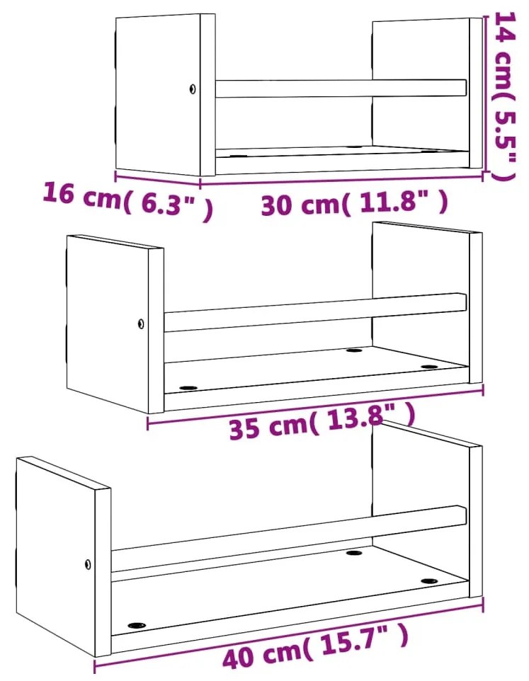 3 darabos sonoma tölgyfa fali polcgarnitúra rúddal