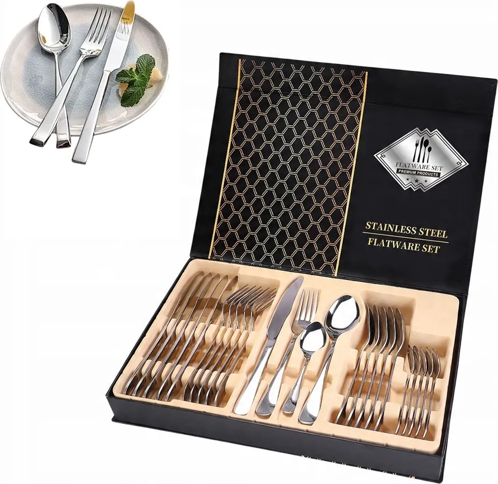 Ezüst Színű Evőeszköz Szett 24 Részes – 6 Személyes, Rozsdamentes Acélból.