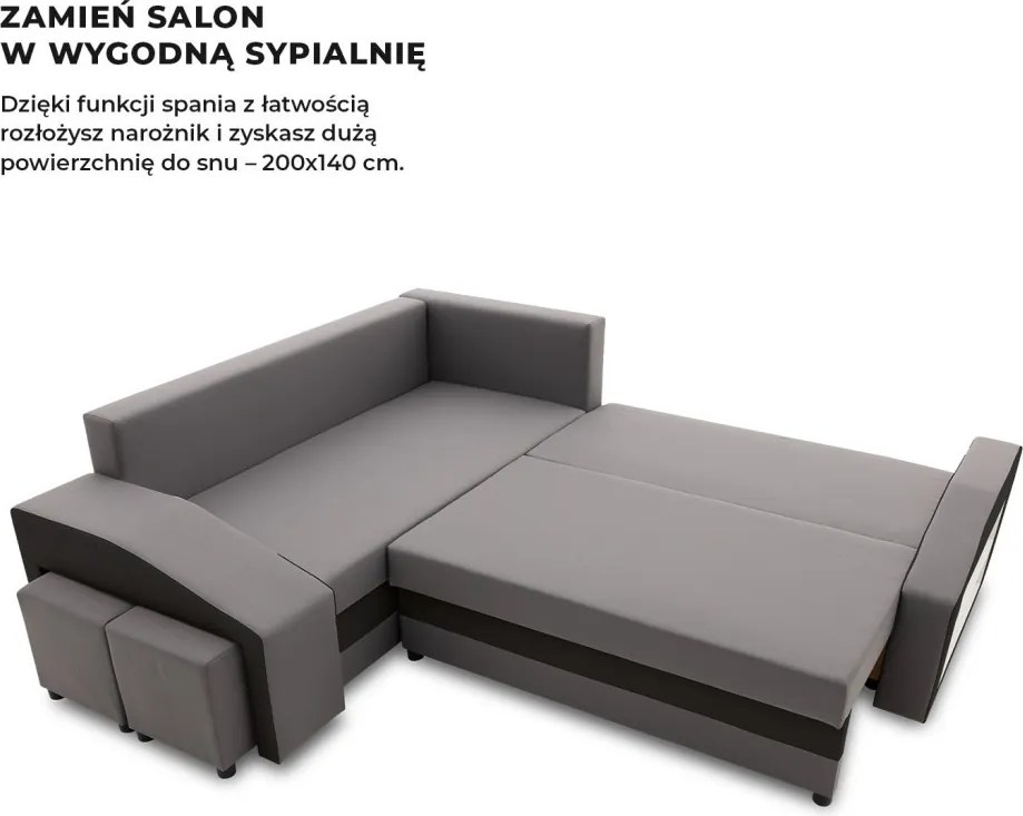 Grande sarokkanapé polcokkal és puffokkal , polc a jobb karfaban puffok a bal karfaban, baloldali, szövet anyag, bonell töltet, szürke - fekete