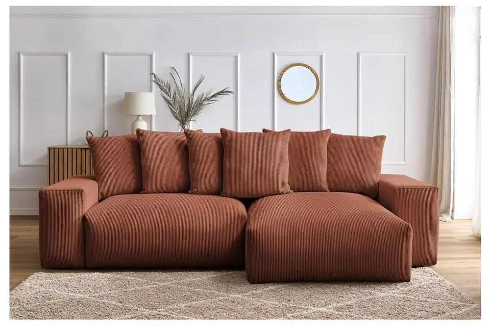Terrakotta színű kordbársony kinyitható-tárolóhelyes sarokkanapé Voltaire – Bobochic Paris