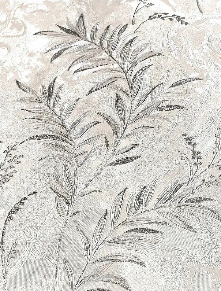 Vinyl tapéta falra fehér krém levelek ezüst Konyha márvány