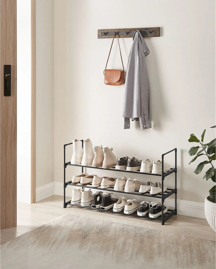 Cipőtartó polc 3 szintes fém vázzal, fekete 92x30x55cm
