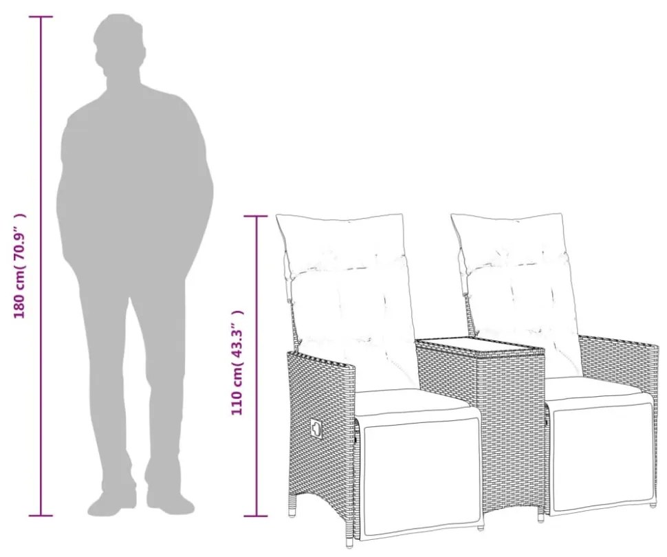 2 személyes barna polyrattan dönthető kerti kanapé asztallal